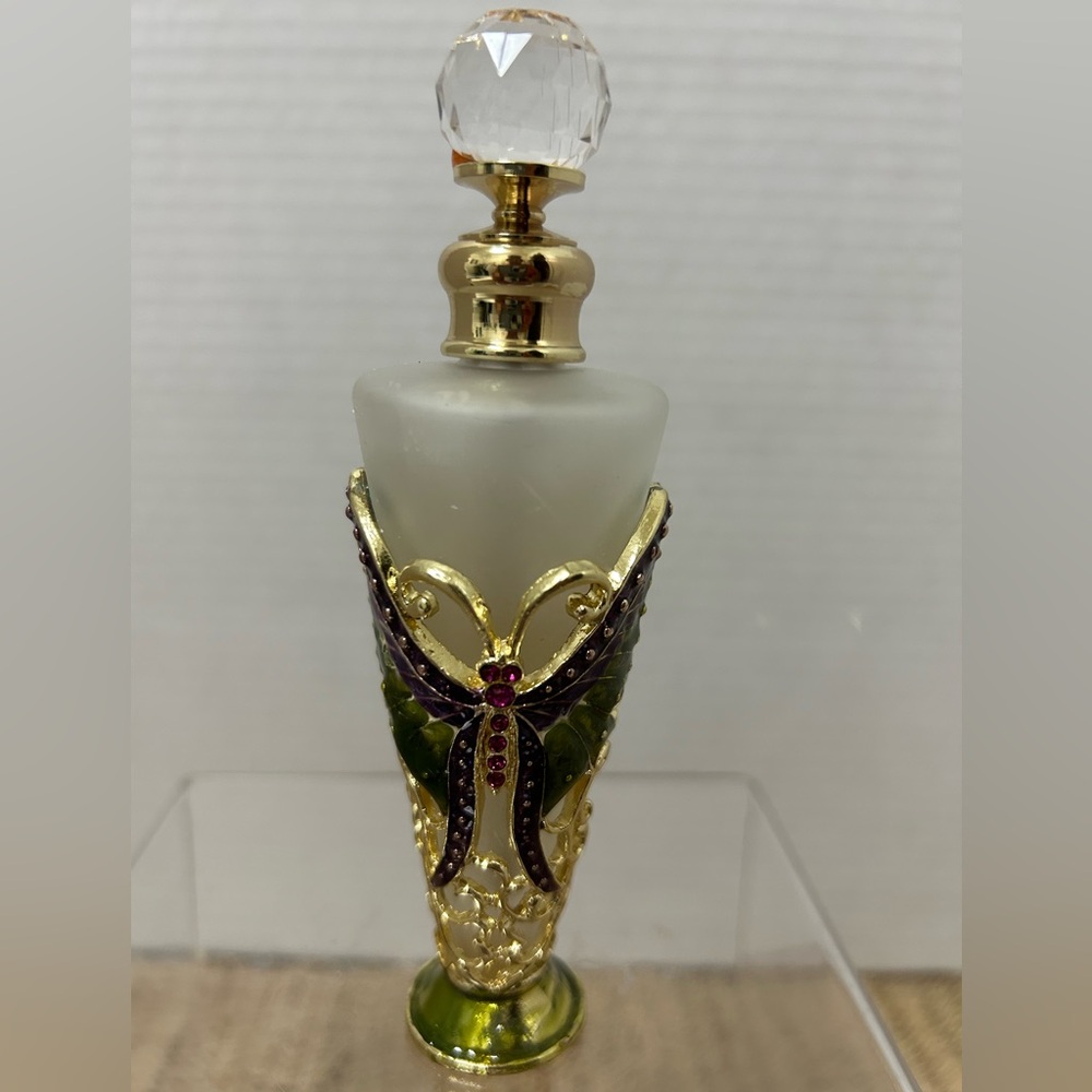 Frosted Glass Enameled With Crystals Butterfly Perfume Bottle. Brand New Never